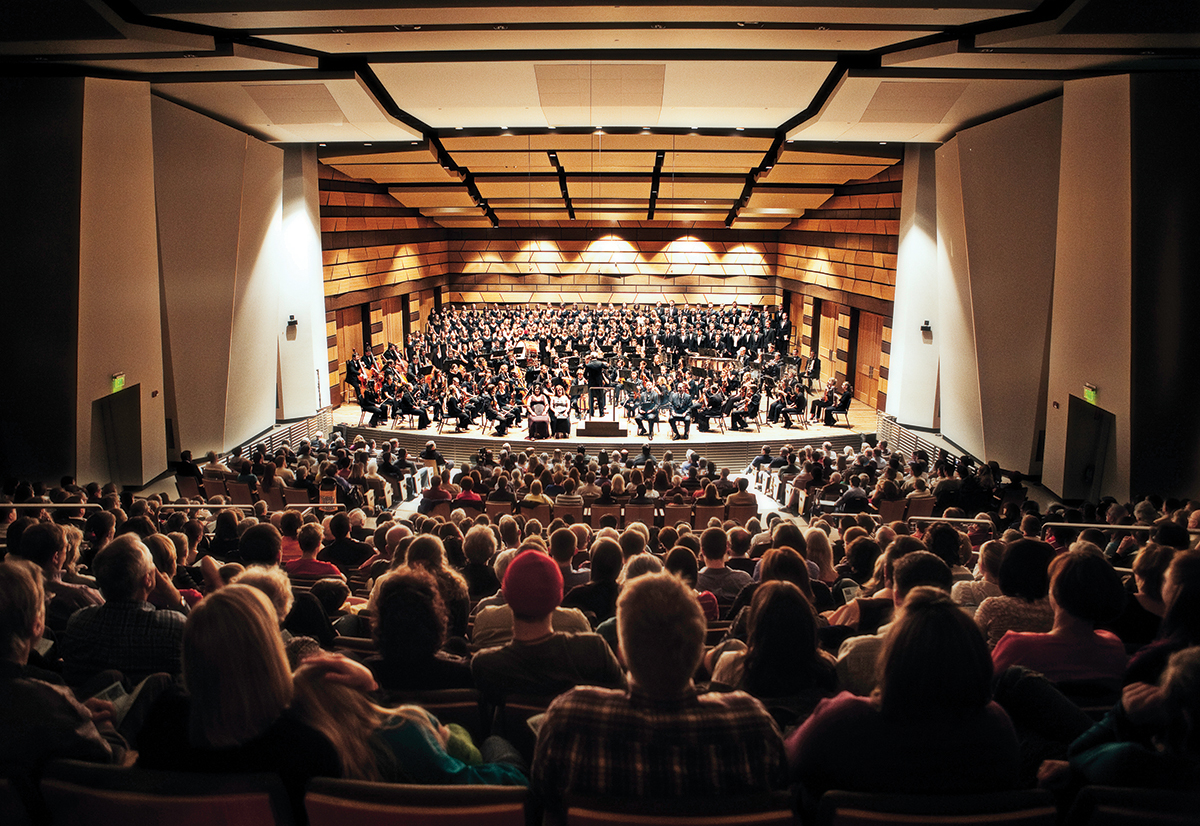 Griffin Concert Hall pictured with full audience